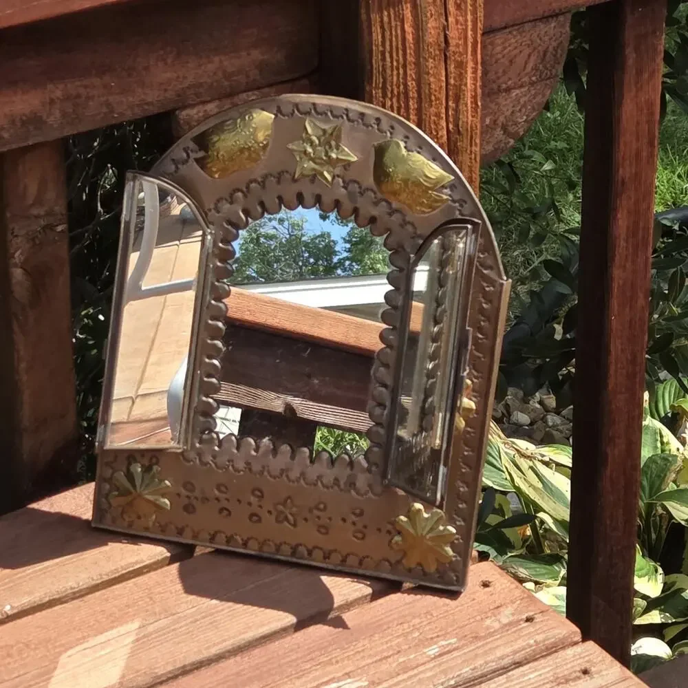 VTG Punched Tin Arched Wall Mirror Brass Birds Southwest Santa Fe Boho Folk Art